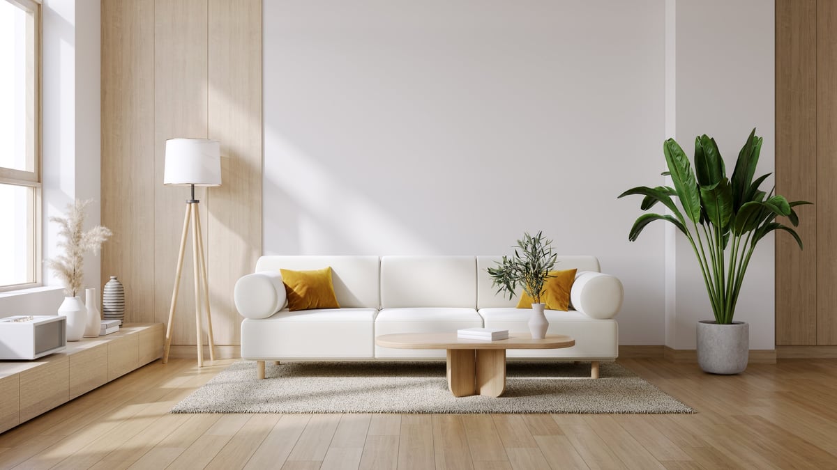 Modern mid-century interior living room with white sofa and wooden coffee table