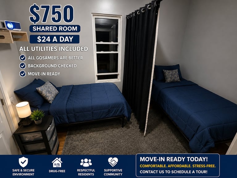 Shared bedroom rental listing showing two twin beds with blue comforters, pricing of $750/month or $24/day with utilities included, and move-in ready status