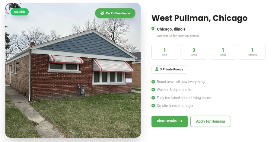 Brick house listing for West Pullman, Chicago with 2 private rooms, showing property details and View Details button