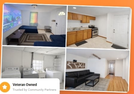 Four-panel apartment interior collage showing living room, kitchen, laundry room, and bedroom with veteran owned badge