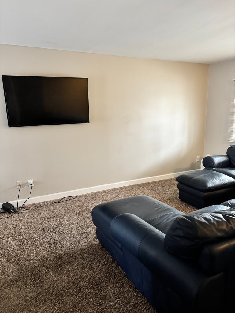 Modern living room with black leather furniture, wall-mounted TV, beige walls, and tan carpet