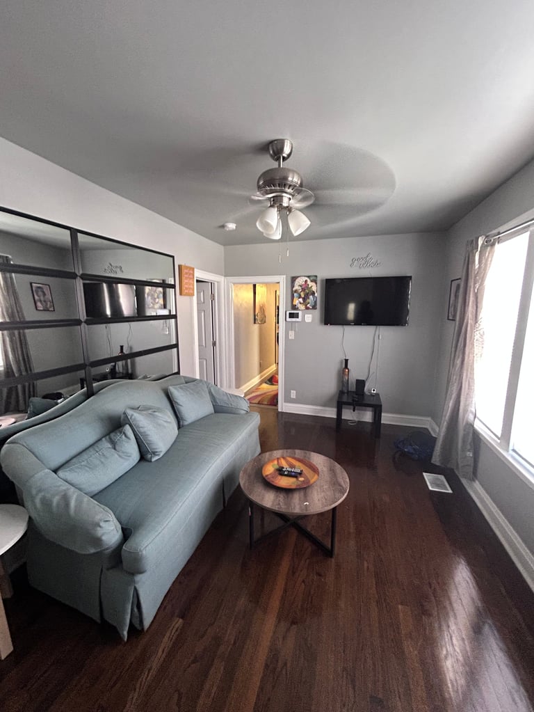 Modern living room with light blue couch, wooden coffee table, dark hardwood floors, ceiling fan, wall-mounted TV, and shelving unit